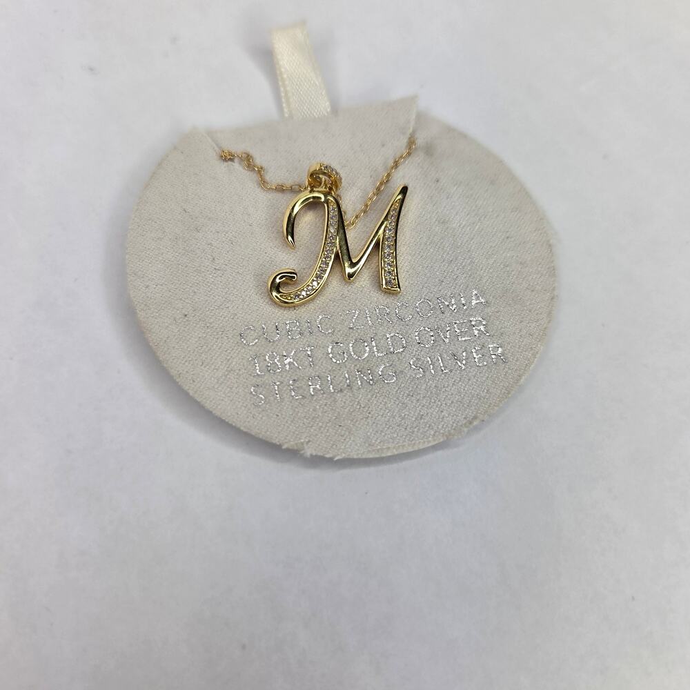 Cubic Zirconia Initial Letter M Pendant Necklace 18k Gold-Plated Sterling Silver - Picture 4 of 6